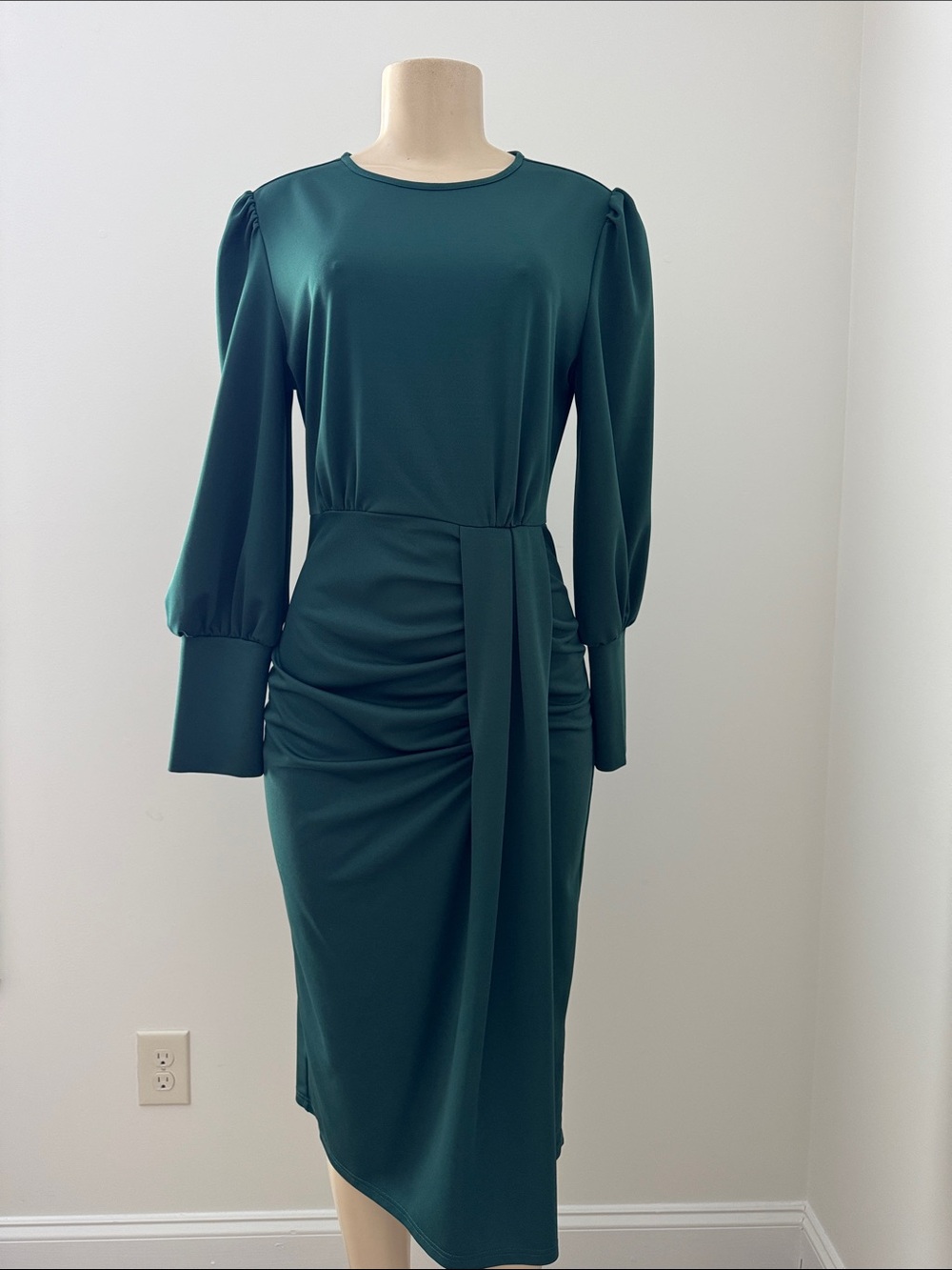 SHEIN | Elegant Teal Green Long-Sleeve Draped Midi Dress